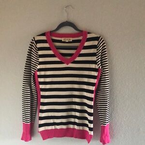 Striped V-Neck Sweater - Navy Blue, White, and Pink
